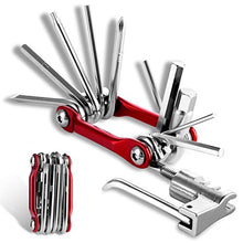 Load image into Gallery viewer, Bike Multitool, Multi Function Tools - 11 in 1 with Portable Chain Repair Tool Kit and Felt Bag - for Road and Mountain Bikes, MTB, BMX Etc - Silver + Red.