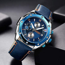 Load image into Gallery viewer, MEGIR Men Business Analogue Quartz Watch with Fashion Blue Leather Strap Chronograph Luminous Auto Calendar for Sport & Work 2074 Blue