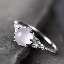 Load image into Gallery viewer, Moonstone Ring Art Deco Engagement Ring Vintage Floral Ring CZ Man Made Diamond Wedding Band Leaf Ring 925 Sterling Silver White Gold Plated