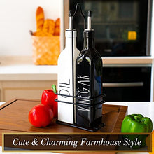 Load image into Gallery viewer, Farmhouse Oil and Vinegar Dispenser Set by Brighter Barns - Black & White Olive Oil Dispenser Bottle with Caddy Holder & Stainless Steel Spout - Cute Modern Vintage Glass Cruet for Kitchen -500ml 17oz