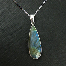 Load image into Gallery viewer, Bezel Gem Pendant with Bail - Labradorite - Sterling Silver Elongated Teardrop Faceted Gemstone Pendant-40mm