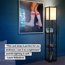 Load image into Gallery viewer, Brightech Maxwell Shelf Floor Lamp w. Wireless Charging Station, USB Port & Outlet - Column Lighting For Bedrooms, Offices & Living Rooms - Contemporary Skinny Nightstand & Tower Light - Brown