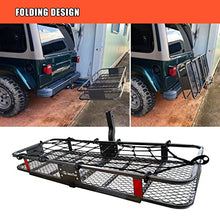 Load image into Gallery viewer, MeeFar Folding Hitch Mount Cargo Carrier Basket 60" X 20" X 6"+Waterproof Cargo Bag 16 Cubic Feet(58" 19" 24"),Hauling Weight Capacity of 500 Lbs and A Folding Arm.with Hitch Stabilizer,Net and Straps
