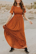 Load image into Gallery viewer, Kranda Round Neck Flutter Short Sleeve Smocked Ruffle Floral Maxi Dress Camel XS