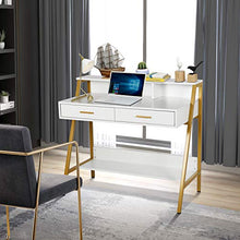 Load image into Gallery viewer, Modern Writing Desk with Hutch - 39” x 19” Workstation Computer Work Study Table for Home Office Furniture Vanity Make Up Desk, 3 Tier Storage Shelf and 2 Drawers (White/Gold)