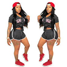 Load image into Gallery viewer, Women’s 2 Piece Outfits – Letter Print Stripe Baseball Sweatsuits Short Sleeve Button Down Shirts Top + Shorts Set Tracksuit Black Medium
