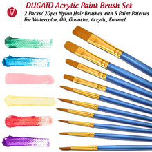 Load image into Gallery viewer, DUGATO Paint Brushes Palettes Set, 2 Packs/20pcs Round Pointed Tip Nylon Hair Brushes with 5 Paint Trays for Acrylic Watercolor Oil Gouache Tempera and Body Painting