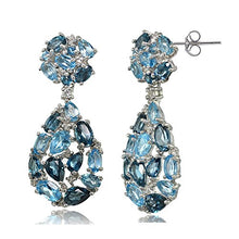Load image into Gallery viewer, Sterling Silver London Blue, Swiss Blue and White Topaz Cluster Tonal Teardrop Dangle Earrings