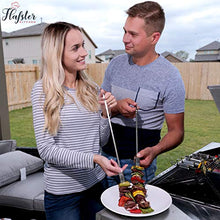 Load image into Gallery viewer, FLAFSTER KITCHEN Skewers for Grilling- 16" Long Flat BBQ Skewers with Push Bar- Shish Kabob Skewers - Stainless Steel Skewer Sticks for Camping - Wide Reusable Sword Skewers - 8 Pack with Storage Bag