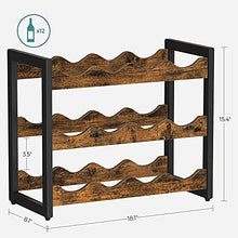 Load image into Gallery viewer, SONGMICS Countertop Wine Rack, 3-Tier Display Wine Storage Shelves, Holds 12 Bottles, Bamboo Wobble-Free Bottle Holder for Kitchen Bar Dining Room Living Room, Rustic Brown and Black UKWR011B01