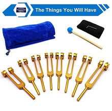 Load image into Gallery viewer, Chakra Tuning Forks Set for Healing, 7 Chakra+1 Soul Purpose Weighted Tuning Forks with Rubber Mallet,Velvet Storage bag, Aluminum Alloy, Golden,(126.22 Hz, 136.1 Hz, 141.27 Hz, 172.06 Hz etc)
