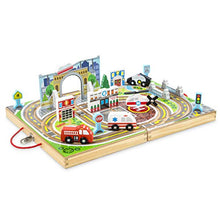 Load image into Gallery viewer, Melissa & Doug 18-Piece Wooden Take-Along Tabletop Town, 4 Rescue Vehicles, Play Pieces, Bridge