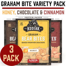 Load image into Gallery viewer, Bear Bites, Protein Graham Crackers Variety Pack: Honey, Chocolate & Cinnamon Snacks