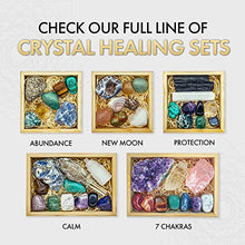 Load image into Gallery viewer, Crystalya Premium Grade Crystals and Healing Stones for Protection EMF in Wooden Box– Obsidian, Fluorite, Malachite, Hematite, Amethyst, Tree Agate, Quartz, Selenite, Tourmaline Gemstones + Info Guide