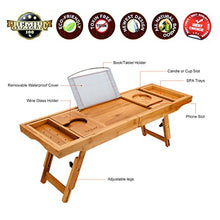 Load image into Gallery viewer, Hossejoy Bathtub Caddy Tray& Laptop Desk with Foldable Legs, 2 in 1 Wisdom Design – Luxurious Bathtub Caddy with Extending Sides, Tablet Holder, Reading Rack,Cellphone Tray and Wine Glass Holder
