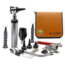 Load image into Gallery viewer, CynaMed ENT Diagnostic Kit - Ear, Nose, Throat Examination Instruments Set - Otoscope, Opthalmoscope, Earwax Remover, Nasal Dilator, Speculum, LED Lights, Mirrors, Replacement Tips, Leather Carry Bag
