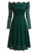 Load image into Gallery viewer, MISSMAY Women's Vintage Floral Lace Long Sleeve Boat Neck Cocktail Party Swing Dress, Small, Green