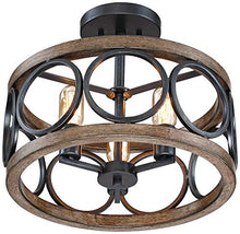 Load image into Gallery viewer, Salima Rustic Farmhouse Ceiling Light Semi Flush Mount Fixture LED Black Circle Wood Grain 16" Wide 3-Light Open Drum for Bedroom Kitchen Living Room Hallway Bathroom - Franklin Iron Works