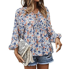Load image into Gallery viewer, YUZIBAO Women Long Sleeve Boho Tops Babydoll Shirts V Neck Floral Ruffle Print Blouse(Blue,S)