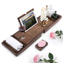 Load image into Gallery viewer, Bathtub Caddy Tray Bamboo Bathroom Organizer Expandable for Luxury Bath with Book Tablet Stand Wine Glass Candle Phone Holder Soap Dish Non-Slip Extending Sides Expands Up to 43 inch