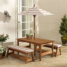 Load image into Gallery viewer, KidKraft 00 Outdoor Table and Bench Set with Cushions and Umbrella, Espresso with Oatmeal and White Striped Fabric