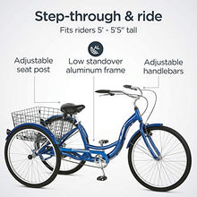 Load image into Gallery viewer, Schwinn Meridian Adult Tricycle with 26-Inch Wheels in Blue, with Low Step-Through Aluminum Frame, Front and Rear Fenders, Adjustable Handlebars, Large Cruiser Seat, and Rear Folding Basket