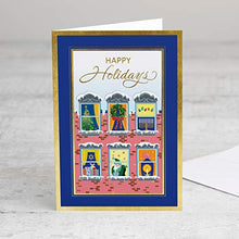 Load image into Gallery viewer, Designer Greetings Interfaith Boxed Christmas Cards, Apartment Windows with Christmas and Hanukkah Holiday Symbols (Box of 18 Gold Foil Embossed Cards with Envelopes)