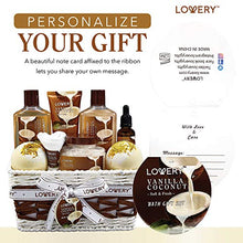 Load image into Gallery viewer, Bath and Body Gift Basket For Women and Men – 9 Piece Set of Vanilla Coconut Home Spa Set, Includes Fragrant Lotions, Extra Large Bath Bombs, Coconut Oil, Luxurious Bath Towel & More