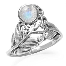 Load image into Gallery viewer, Silvershake Natural Moonstone White Gold Plated 925 Sterling Silver Feather Victorian Style Ring Size 6