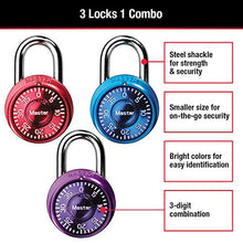 Load image into Gallery viewer, Master Lock 1533TRI Locker Lock Mini Combination Padlock, 3 Pack, Colors May Vary