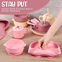 Load image into Gallery viewer, 24 Pack Silicone Baby Feeding Set Baby Led Weaning Supplies Includes Suction Divided Plates Soft Bowl Spoons Forks Adjustable Bib Snack Cup and Straws for Baby Eating (Pink, Dark Pink, Nude)