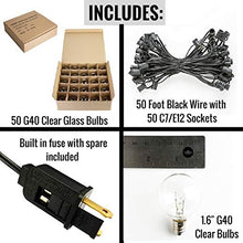 Load image into Gallery viewer, 50 Foot Globe String Lights - Black Wire - 50 G40 Clear Bulbs (+ 2 Free Spares) for Patio Deck Cafe Bistro and Outdoor Lighting