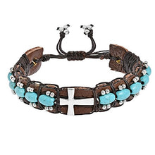 Load image into Gallery viewer, AeraVida Inspirational Cross w/Turquoise Stones Leather Chakra Cuff Bracelet