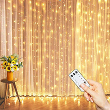 Load image into Gallery viewer, Curtain Lights with Remote, 20 x 10 Ft Waterproof Outdoor String Lights for Wedding Party Decor, Patio Lights for Bedroom Holiday Wedding Decorations Backdrop Lights Warm White