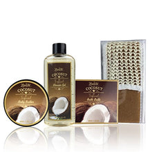 Load image into Gallery viewer, Spa Gift Basket and Bath Set with Refreshing Coconut Fragrance by Lovestee - Bath and Body Gift Set Includes Shower Gel Body Lotion Body Scrub Body Butter Bath Salt and Loofah Back Scrubber