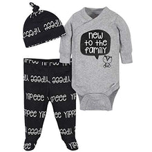 Load image into Gallery viewer, Grow by Gerber Baby Boy's Organic 3-Piece Onesies Bodysuit, Footed Pant, and Cap Set Pants, Grey/Black/White, Newborn