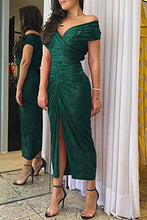 Load image into Gallery viewer, Ouregrace Womens Off Shoulder Sequin Sparkle Ruched Front Slit Bodycon Dress Evening Party Cocktail Gown S-XL (Green, (US 8-10) M)