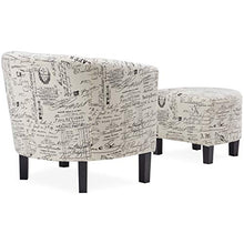 Load image into Gallery viewer, Belleze Accent Tub Chair Curved Back French Print Script Linen Fabric w/ Ottoman Modern Stylish Round Armrest, Beige