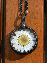 Load image into Gallery viewer, Artisan Made, Real Dry Pressed Daisy in Glass Pendant, Handmade Wildflower Jewelry, Boho Necklace April Birth Flower 2559m