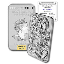 Load image into Gallery viewer, 2018 - Present (Random Year) 1 oz Silver Bar Australia Perth Mint Dragon Series Rectangular Coin Brilliant Uncirculated with Certificate of Authenticity by CoinFolio $1 BU