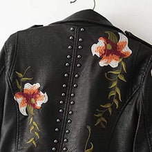Load image into Gallery viewer, Ultramall Leather Jacket Women Casual Long Sleeve Embroidered Studded Zipper Slim Black Motorcycle Jacket Short Coat