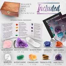 Load image into Gallery viewer, Crystalya Premium Grade Crystals and Healing Stones in Wooden Display Box - 7 Tumbled Chakra Gemstones, Amethyst Crystal, Rose Quartz, Quartz Crystal Point + Guide & Instructions - Gift Kit