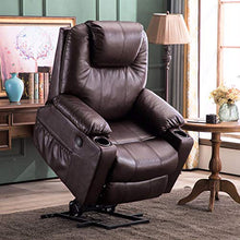 Load image into Gallery viewer, Mcombo Large Power Lift Recliner Chair with Massage and Heat for Elderly Big and Tall People, 3 Positions, 2 Side Pockets and Cup Holders, USB Ports, Faux Leather 7517 (Large, Dark Brown)