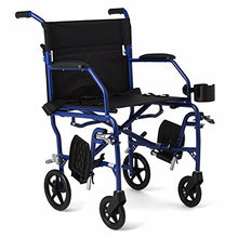 Load image into Gallery viewer, Medline Ultralight Transport Wheelchair with 19” Wide Seat, Folding Transport Chair with Permanent Desk-Length Arms, Blue Frame