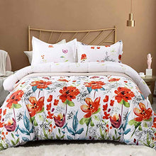 Load image into Gallery viewer, NANKO Queen Comforter Set 3 PC, White Red Pastel Floral Print Soft Microfiber Bedding - All Season Quilted Comforter with 2 Pillowshams - Best Modern Bed Set for Women Men, 88 x 90