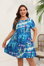 Load image into Gallery viewer, HBEYYTO Summer Dress for Curvy Women 2023 Trendy Plus Size Casual Floral Tiedye Printed Short Sleeve T Shirt Dress with Pockets Blue
