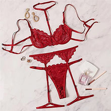 Load image into Gallery viewer, Lilosy Sexy Choker Floral Lace Scallop Sheer Underwire Push Up Garter Belt Lingerie Set for Women See Through Bra and Panty 3 Piece Red Small