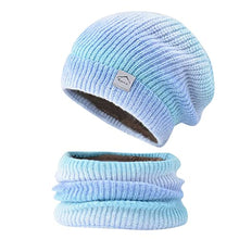 Load image into Gallery viewer, Womens Earmuffs Add Flocking Thermal Cycling Warm Beanie Winter Hat Knit Scarf Gradient Color Velvet Hat Bib Hat (Blue)