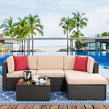 Load image into Gallery viewer, Vongrasig 5 Piece Patio Furniture Sets, All-Weather Brown PE Wicker Outdoor Couch Sectional Patio Set, Small Patio Conversation Set Garden Patio Sofa Set w/Ottoman, Glass Table, Red Pillow, Beige