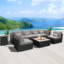 Load image into Gallery viewer, DINELI Patio Furniture Sectional Sofa with Gas Fire Pit Table Outdoor Patio Furniture Sets Propane Fire Pit (Light Gray-Square Table)